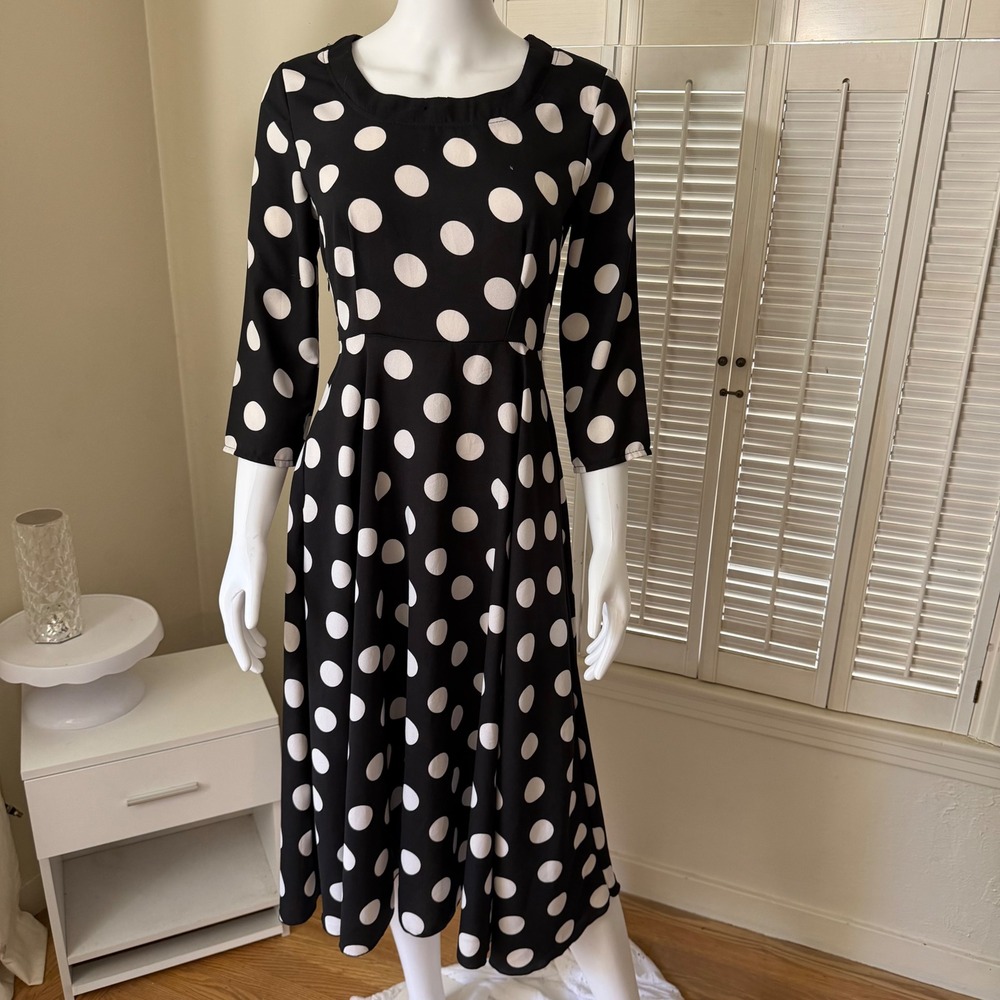 LUOMEIDISHA‎ Black White Polka Dot Midi Dress Retro A-Line 3/4 Sleeve Small